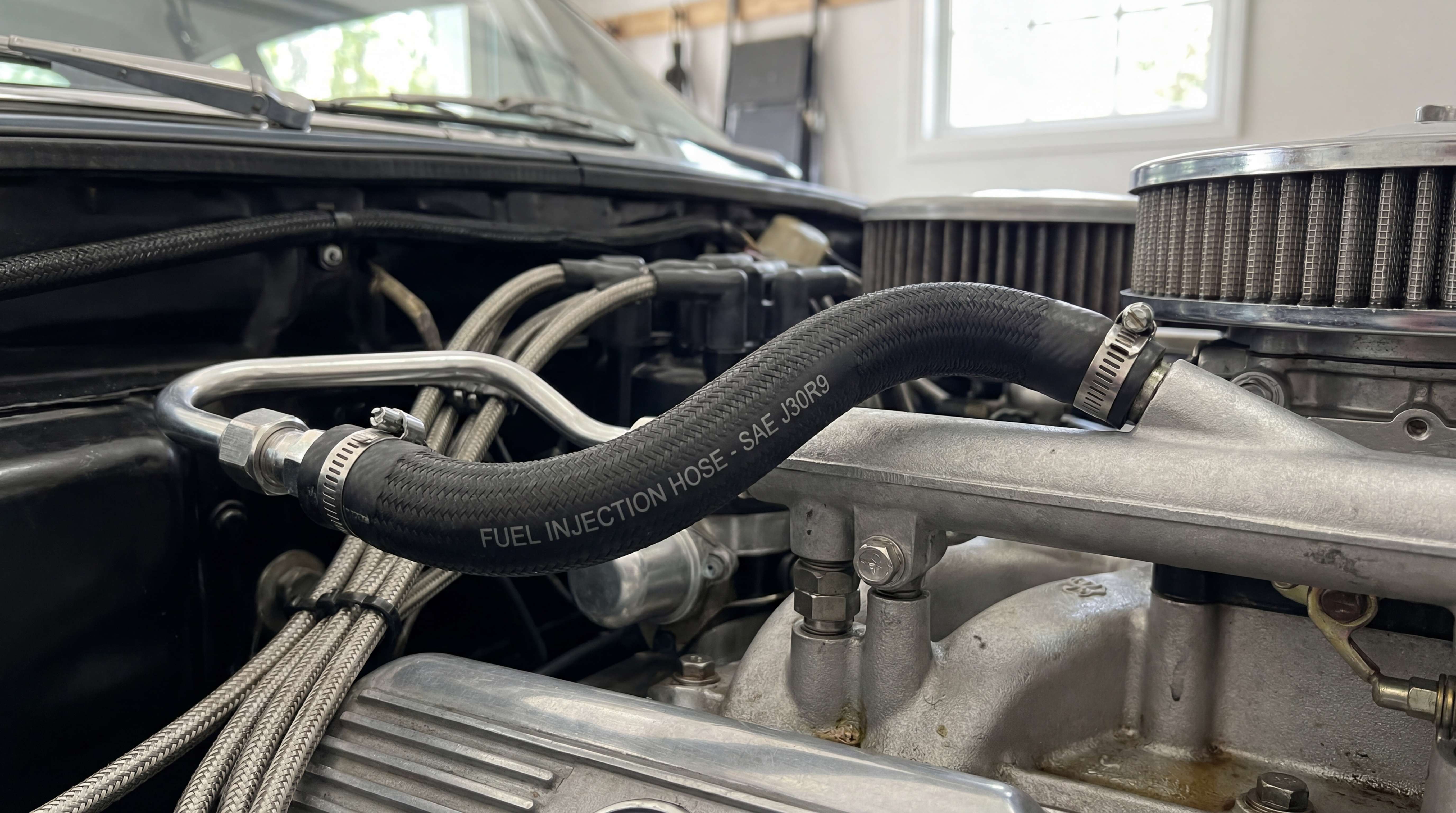 Rubber fuel injection hose marked SAE J30R9 installed between metal fuel line and engine fuel system